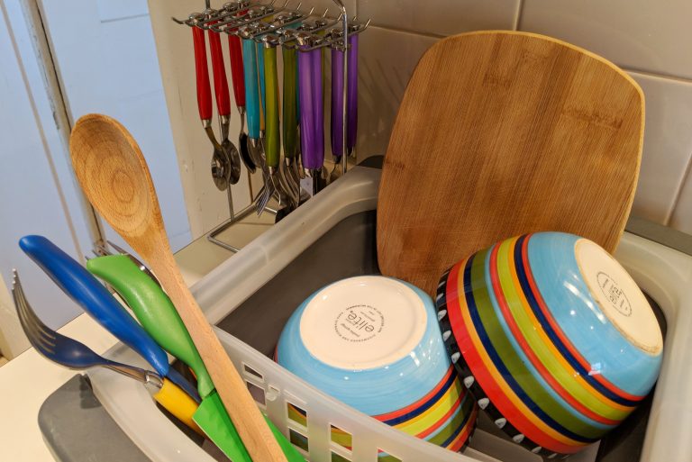 dishes in drying rack