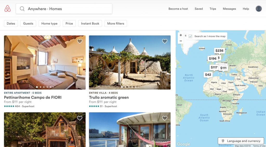 airbnb website landing page