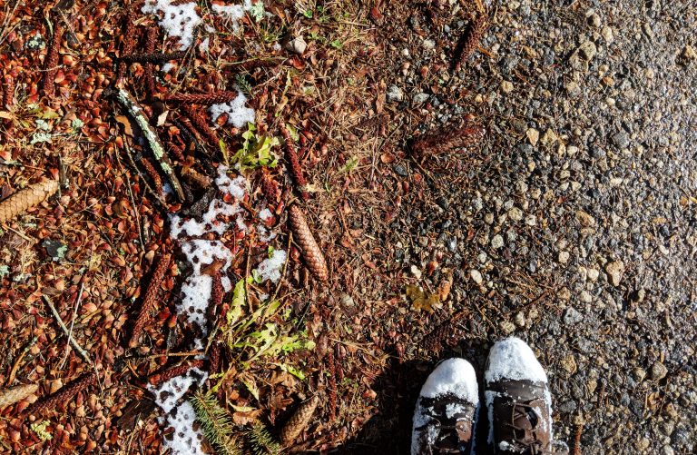 snow covered boots and fall leaves