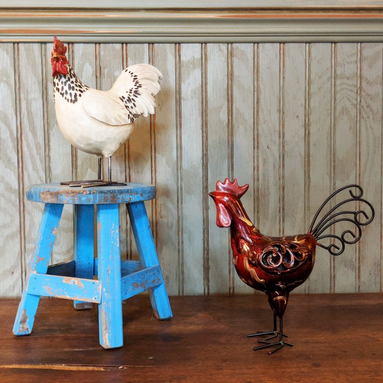 chicken figurines in an Airbnb in Tijeras, New Mexico