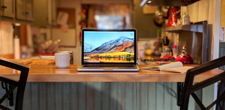 laptop on kitchen countertop