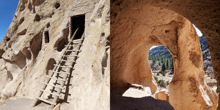 Entrance to one of Bandelier's cave dwellings alongside a view from inside a cave