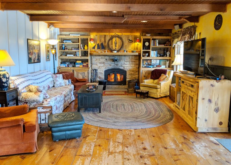 living room in cabin with wood burning fireplace