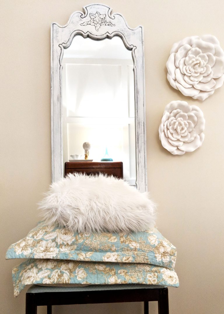 throw pillows in front a full length mirror