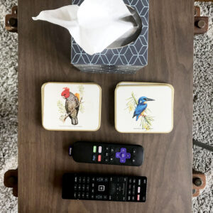 coasters and remotes on an end table