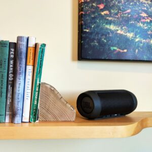 small speaker next to books